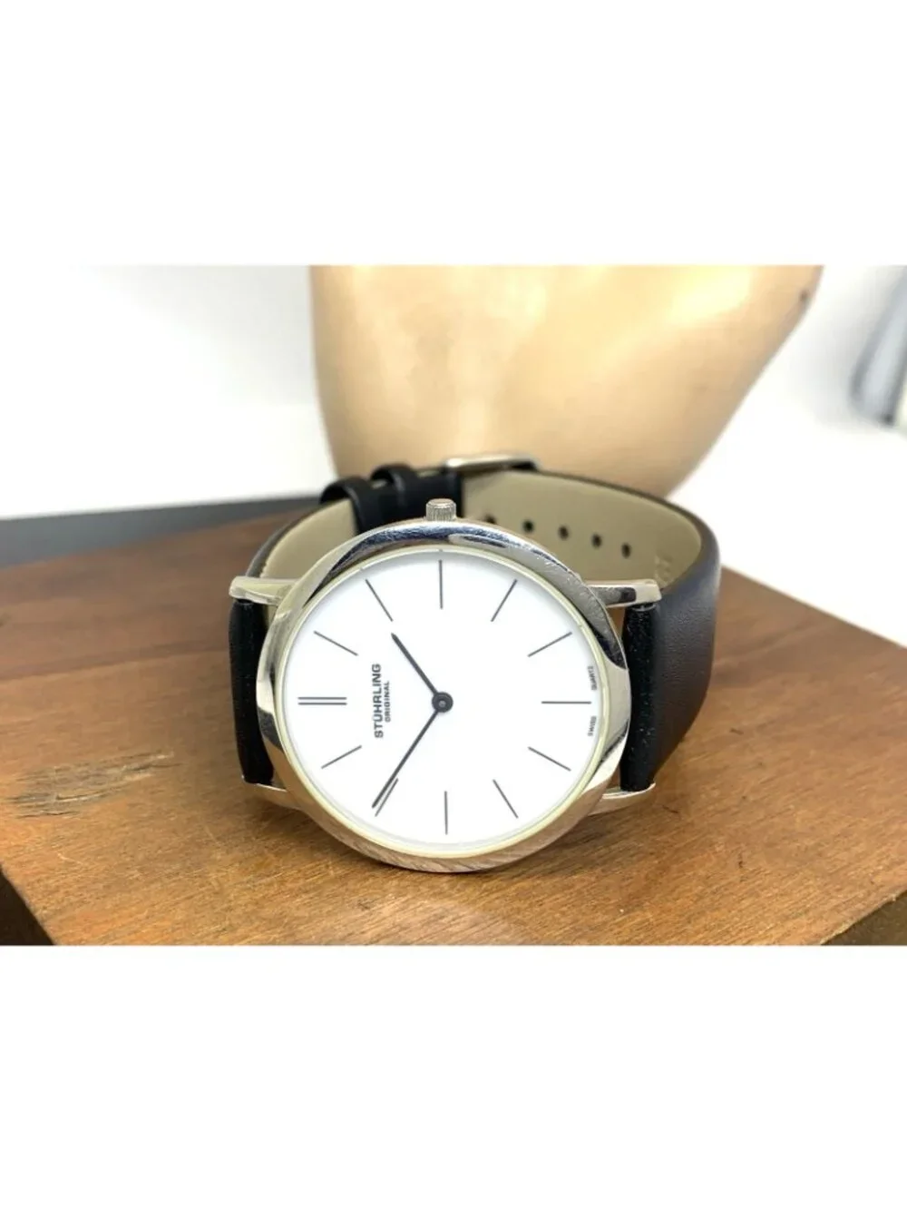 Stuhrling Mens Watch Swiss Quartz White Dial Silver Case Black Leather Band 38mm